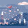 An illustration of people and a globe and data points and clouds. 