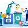 Concept of AI assisting with plastics recycling featuring people and a robotic arm sorting recycling materials. 