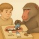 A young child and a baboon playing with a puzzle. 