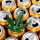 Concept of cannabis-infused beverage featuring aluminum drink cans with a cannabis leaf on top. 