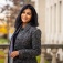 A portrait of Nadine Shaanta Murshid, part of the faculty in the School of Social Work, photographed in November 2024 outside Parker Hall on South Campus. Photographer: Meredith Forrest Kulwicki. 