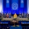 An overhead view of the stage at a previous graduation ceremony. 