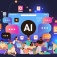 Concept of social media and AI featuring small people using computers and a large screen in the background with "AI" in a speech bubble. 