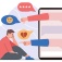 Concept of cyberbullying featuring a sad-looking person and a large cellphone with abuse icons. 