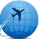 Representation of international travel with a plane flying across a globe. 