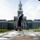 A facilities worker uses FoamStream to combat sidewalk weeds on South Campus. 