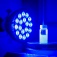 A lamp with over a dozen small blue bulbs shines at vial of light blue liquid. 